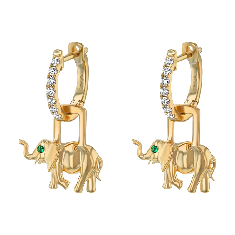Diamond Huggies with Emerald Elephant - 18K Gold | VS Clarity - Image 4