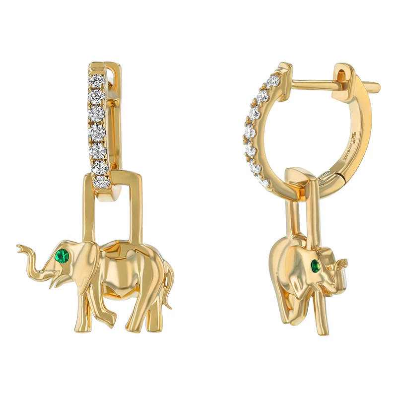 Diamond Huggies with Emerald Elephant - 18K Gold | VS Clarity - Image 3