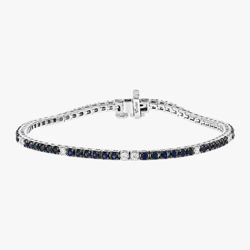 Blue Sapphire and White Diamond Tennis Bracelet - 18K Gold | VS Clarity - Image 3