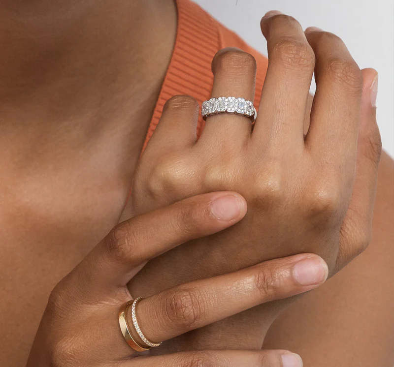 Emerald Diamond Halo Half Band Ring - 14K Gold | VS Clarity Lab Grown Diamonds - Image 7